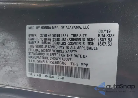 2020 Honda Odyssey Ex-L/Ex-L W/Navi Res from USA, damaged, VIN 5FNRL6H75LB000360